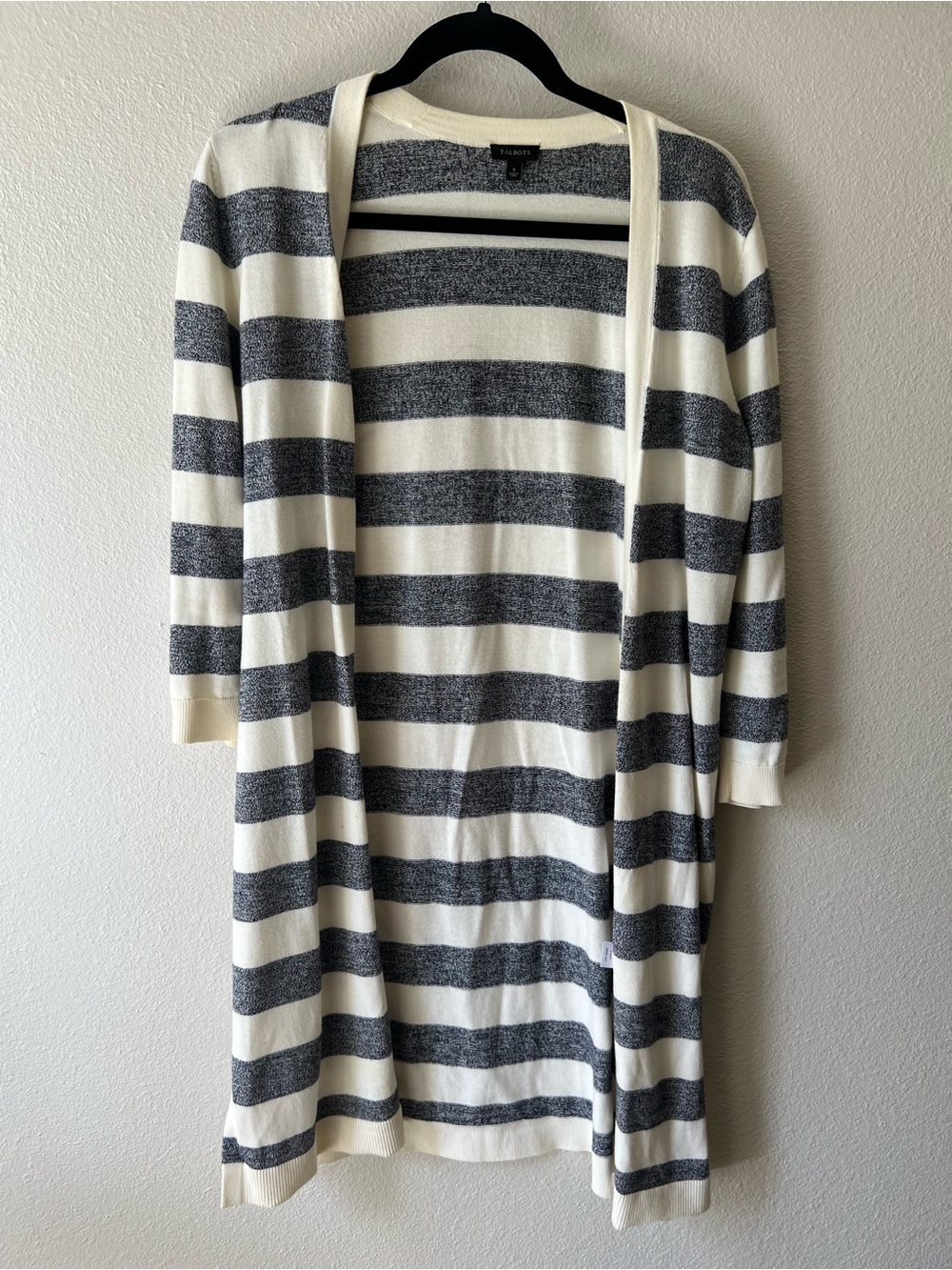 Talbots Cream and Charcoal Striped Open Long Cardigan